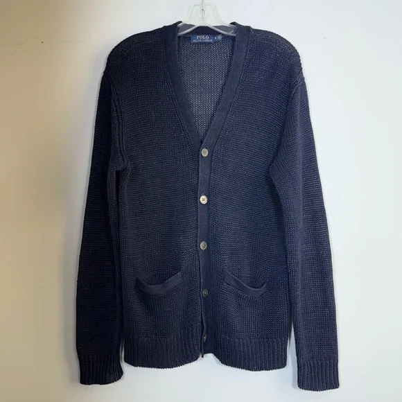 POLO RALPH LAUREN LINEN CARDIGAN SWEATER NAVY BLUE S OPEN CHUNKY KNIT V-NECK